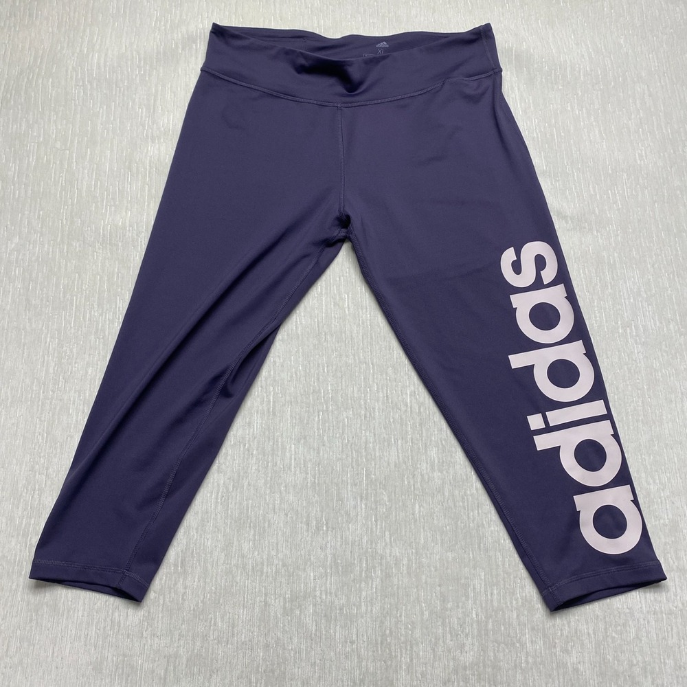Adidas Climalite Cropped Leggings Womens XL Plum Spellout Vertical Logo Workout